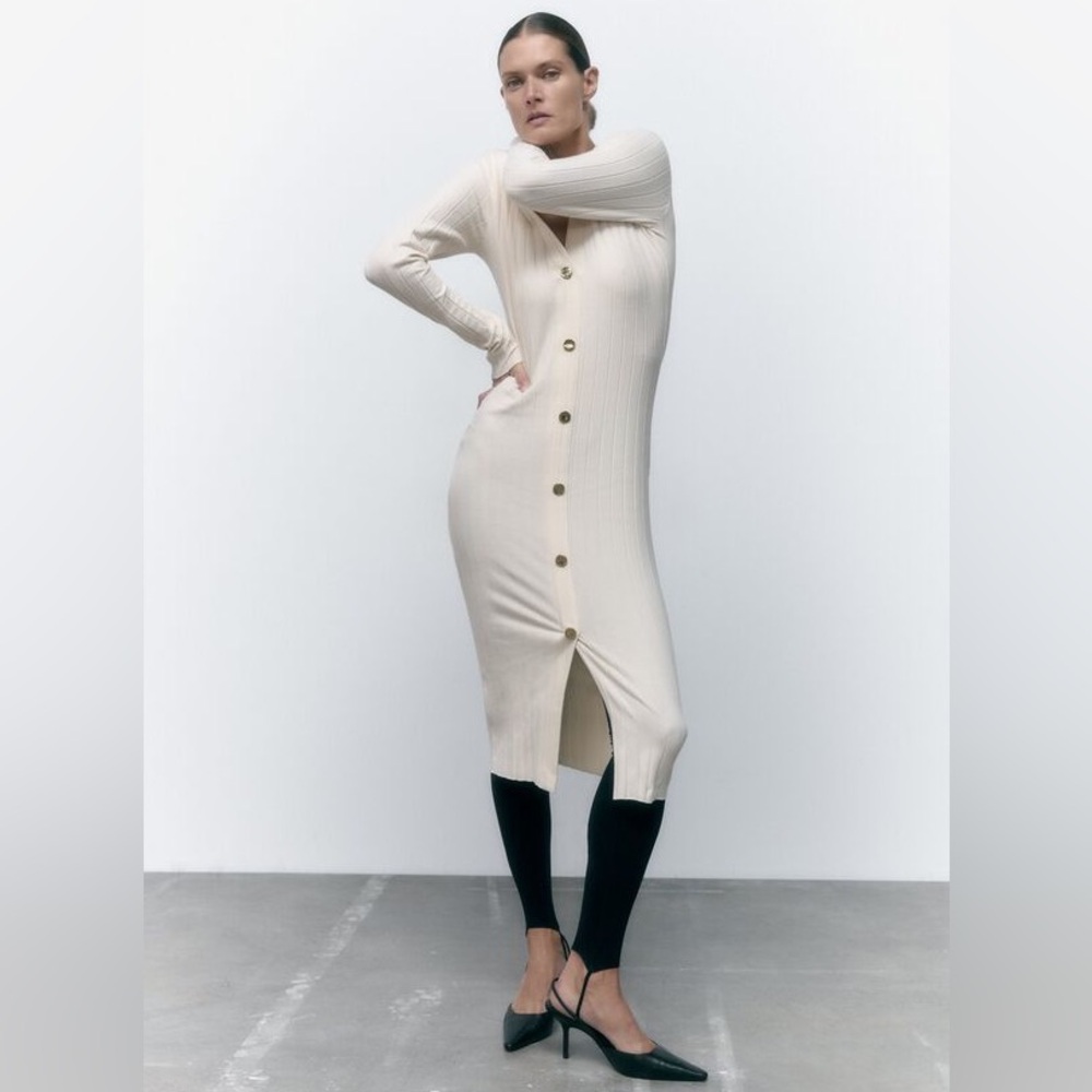 ZARA ECRU RIBBED DRESS WITH BUTTONS